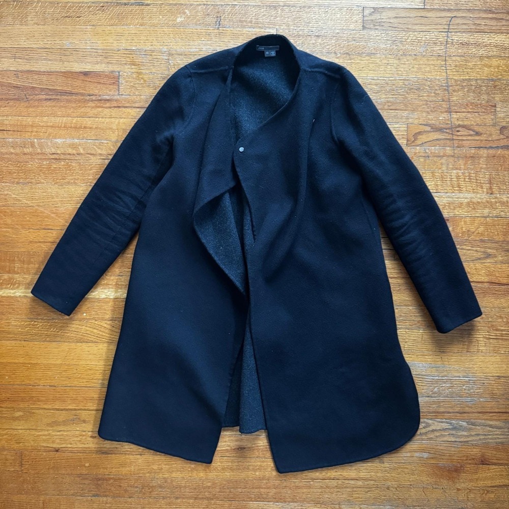 Vince Black Boiled Wool Asymmetrical Wrap Coat Womens XS Drape Front Jacket